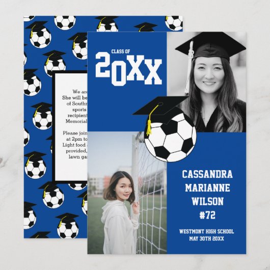 Soccer Afstuderen Sports Blue White Aankondiging (Voorkant / Achterkant)
