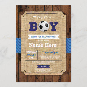 Soccer Baby shower Boy Blue Wood Football nodigt u Kaart