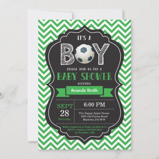 Soccer Baby shower Invitation Green Chevron Kaart (Voorkant)
