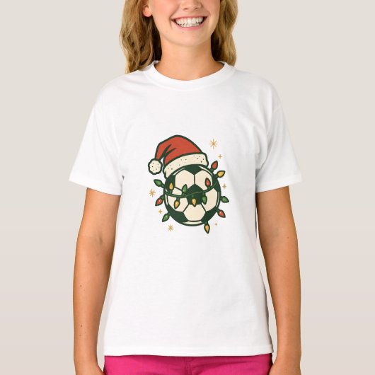 Soccer Ball Christmas Lights Santa Hat Funny T-shirt (Voorkant)