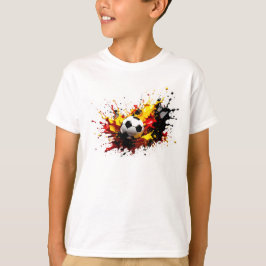 Soccer ball falls in the colors red yellow black t-shirt