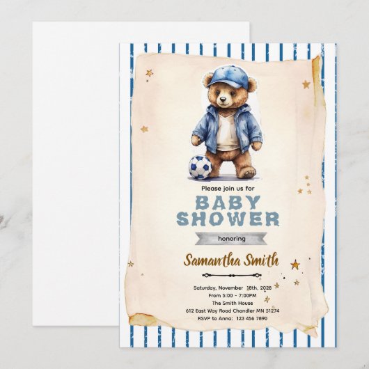 Soccer Bear Baby Shower Invitation Kaart (Voorkant / Achterkant)