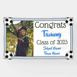 Soccer Blue en Black One Photo Afstuderen Spandoek