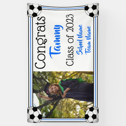 Soccer Blue en Black One Photo Afstuderen Spandoek (Verticaal)