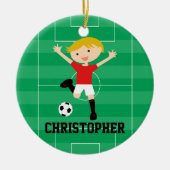  Soccer Boy 1 Rood en Wit Keramisch Ornament (Voorkant)