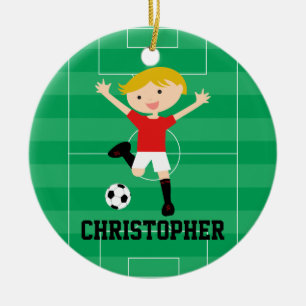 Soccer Boy 1 Rood en Wit Keramisch Ornament