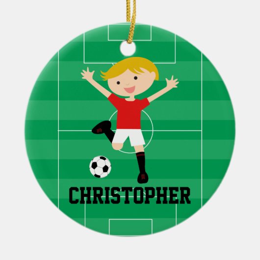  Soccer Boy 1 Rood en Wit Keramisch Ornament (Voorkant)
