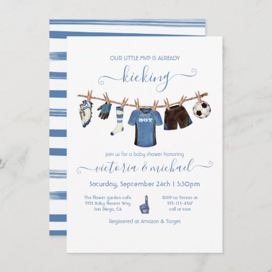 Soccer Clothesline Baby shower Invitation Kaart (Voorkant / Achterkant)