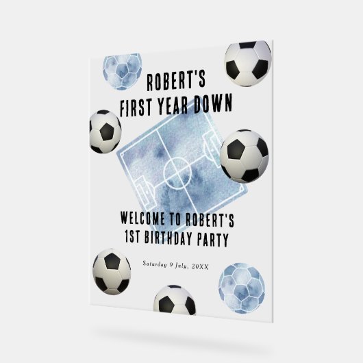 Soccer First Year Down 1st Birthday Party Acryl Bord (Hoek)