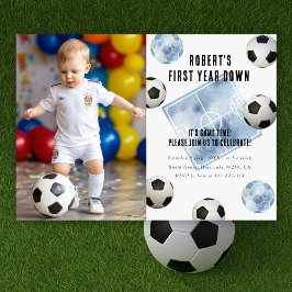Soccer First Year Down 1st Birthday Party Kaart