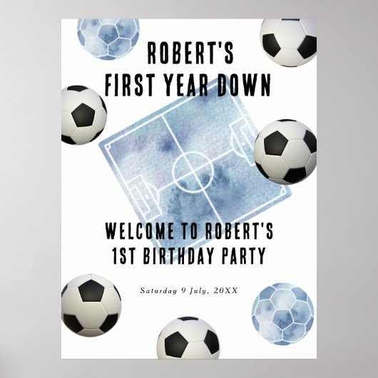 Soccer First Year Down 1st Birthday Party Poster (Voorkant)