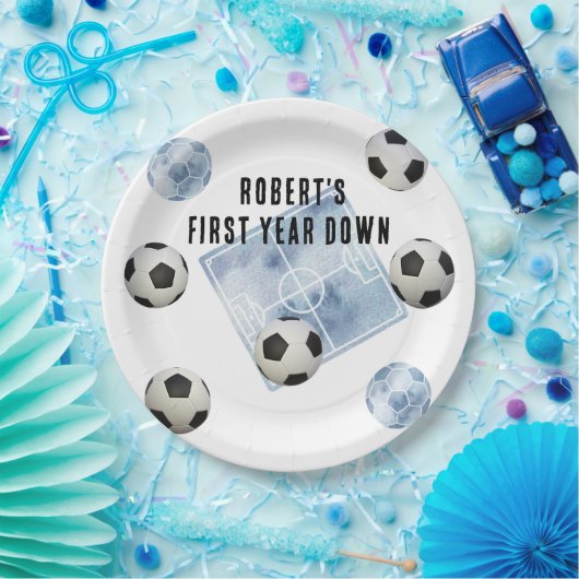Soccer First Year Down Birthday Party Papieren Bordje (Feest)
