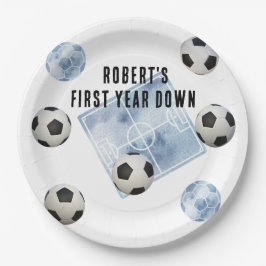 Soccer First Year Down Birthday Party Papieren Bordje