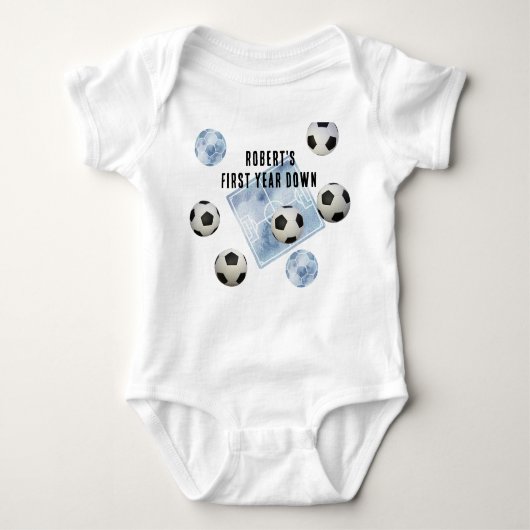 Soccer First Year Down Birthday Party Romper (Voorkant)