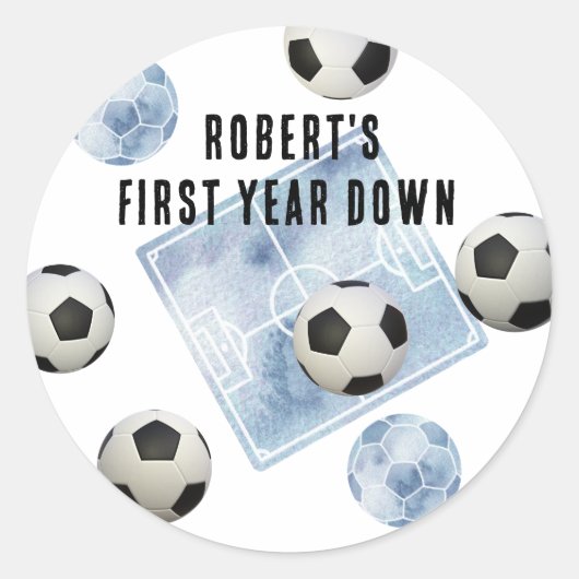 Soccer First Year Down Birthday Party Ronde Sticker (Voorkant)
