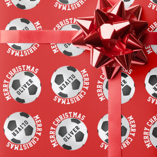 Soccer Football Balls Kinder naam Rode Kerstmis Cadeaupapier