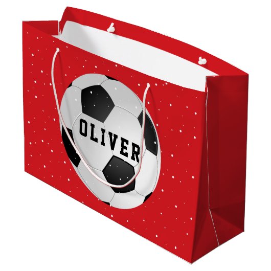 Soccer Football Balls Kinder naam Rode Kerstmis Groot Cadeauzakje (Achterkant Gekanteld)