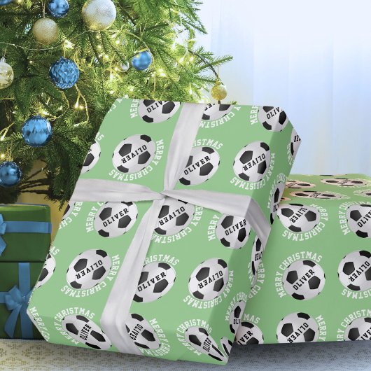 Soccer Football Balls Kinder Name Green Kerstmis Cadeaupapier