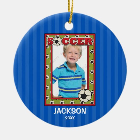 Soccer Foto Lijst Kinder Persoonlijke Kerstmis Keramisch Ornament (Voorkant)