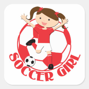 Soccer Girl 1 en Ball Red en White v2 Vierkante Sticker