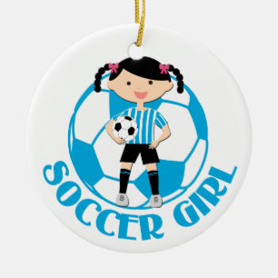 Soccer Girl 2 Ball Blue en White Stripes v2 Keramisch Ornament