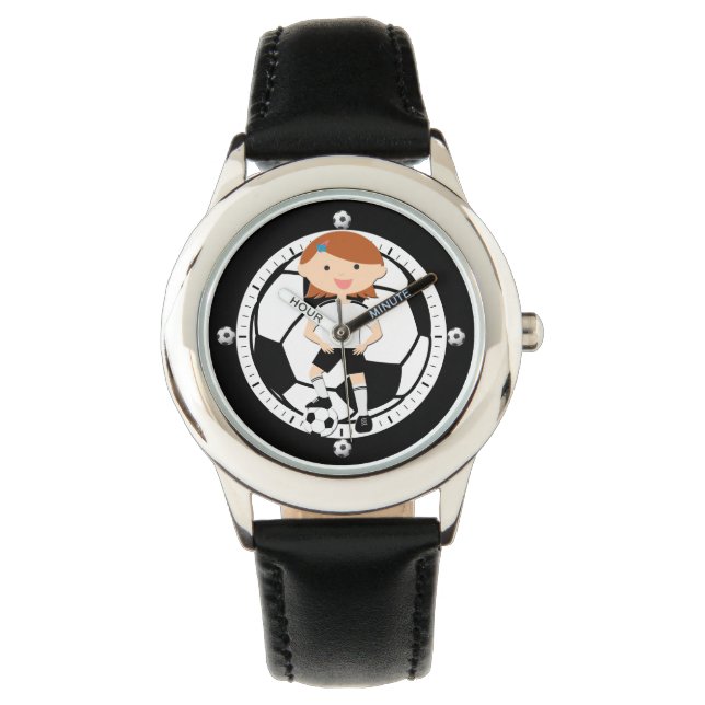 Soccer Girl 3 en Ball Black en White Horloge (Voorkant)
