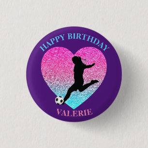 Soccer Girl "Happy Birthday" Heart Ronde Button 3,2 Cm