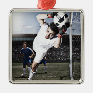 Soccer goalie vangt voetbal metalen ornament
