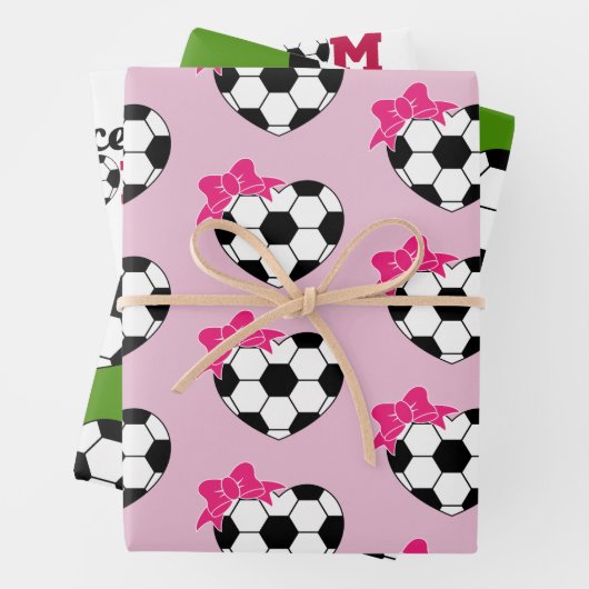 Soccer Heart Ball Pink Bow Inpakpapier Vel (In situ)
