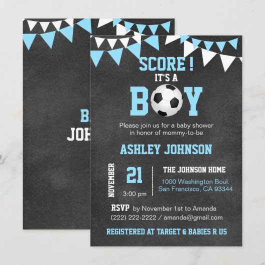 SOCCER Het is een Jongen Baby shower Chalkboard Bl Kaart