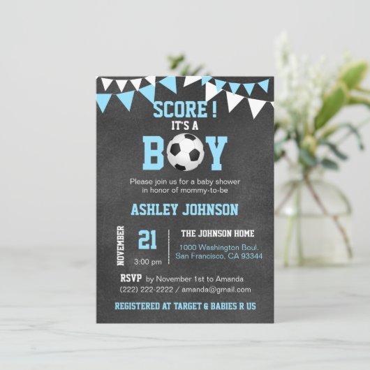 SOCCER Het is een Jongen Baby shower Chalkboard Bl Kaart
