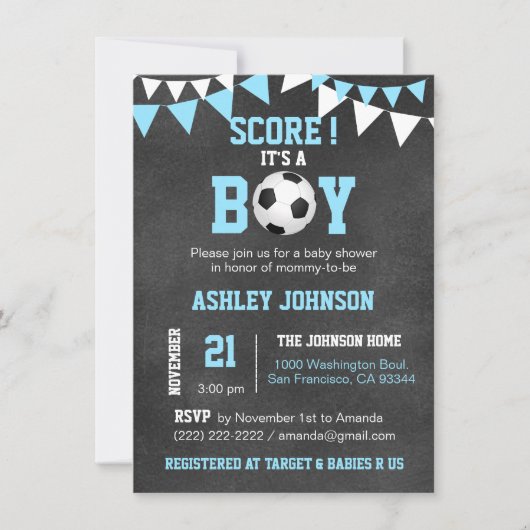 SOCCER Het is een Jongen Baby shower Chalkboard Bl Kaart (Voorkant)
