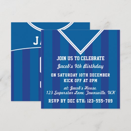 Soccer Jersey Thema Party Invites, Football, Blauw Kaart (Voorkant / Achterkant)