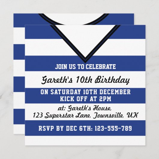Soccer Jersey Thved Party Invites Sjabloon, Blue Kaart (Voorkant / Achterkant)