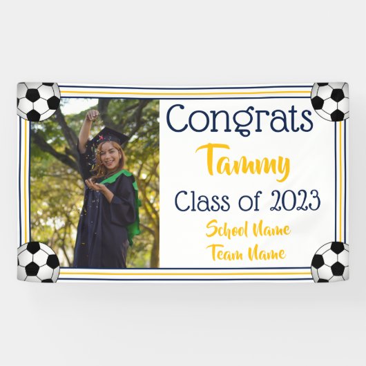 Soccer Navy & Gold One Photo Afstuderen Spandoek (Horizontaal)