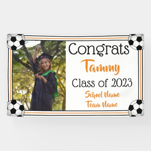 Soccer Oranje & Black One Photo Afstuderen Spandoek (Horizontaal)