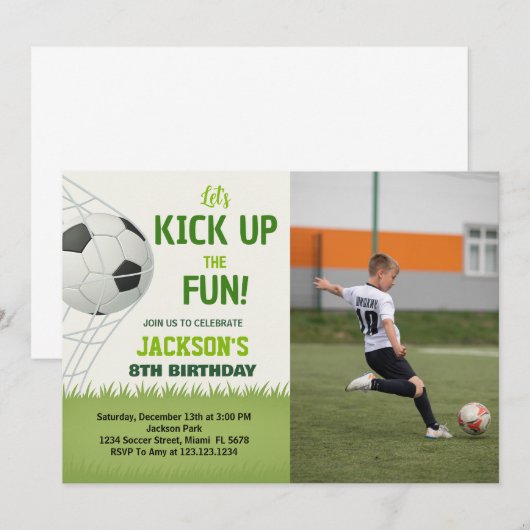 Soccer Party Verjaardag Uitnodiging met foto (Voorkant / Achterkant)