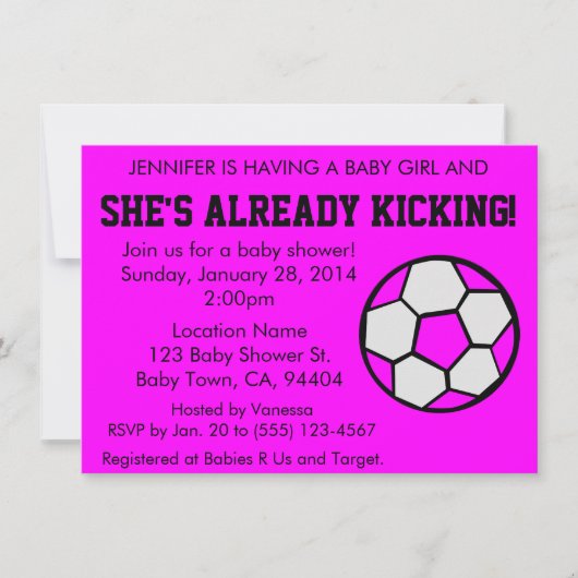 Soccer Pink Baby shower Invitation,  Kaart (Voorkant)