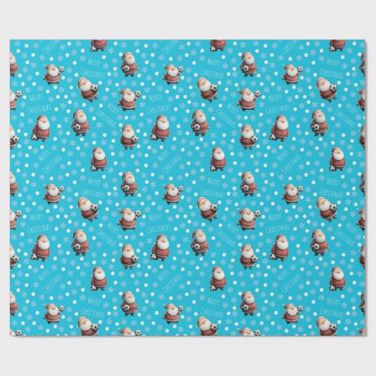 Soccer Santa on Bright Turquoise Blue Cadeaupapier (Vlak)