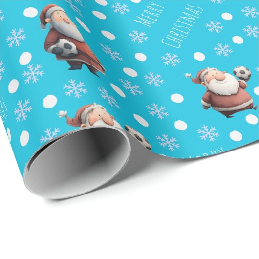 Soccer Santa on Bright Turquoise Blue Cadeaupapier (Rol Hoek)