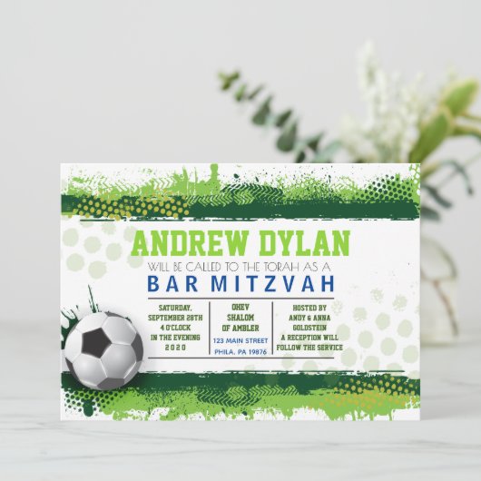SOCCER SPLASH Bar Mitzvah Uitnodiging (Staand voorkant)