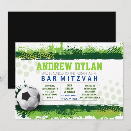 SOCCER SPLASH Bar Mitzvah Uitnodiging (Voorkant / Achterkant)