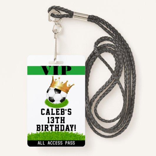 Soccer Star King Birthday Party VIP Pass Badge (Voorkant met draagriem)