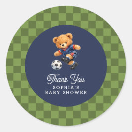 Soccer Teddy Bear Checkboard Retro Baby Shower Ronde Sticker