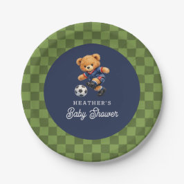 Soccer Teddy Beary Checkboard Retro Baby Shower Papieren Bordje