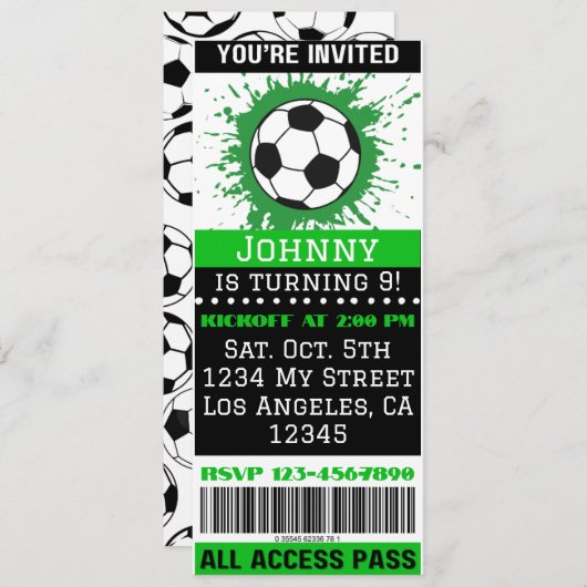 Soccer Theme Event Ticket Verjaardag Uitnodiging (Voorkant / Achterkant)