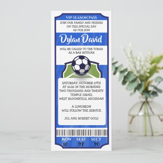 SOCCER TICKET Bar Bat Mitzvah Uitnodiging (Staand voorkant)