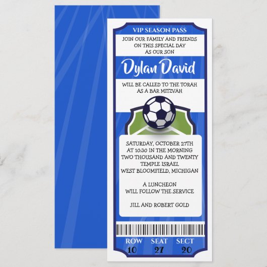 SOCCER TICKET Bar Bat Mitzvah Uitnodiging (Voorkant / Achterkant)