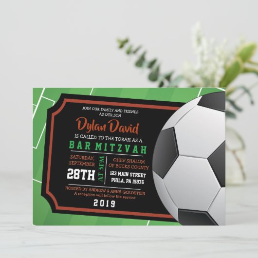 SOCCER TICKET Bar Bat Mitzvah Uitnodiging (Staand voorkant)