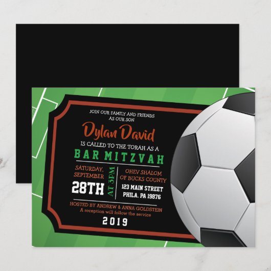 SOCCER TICKET Bar Bat Mitzvah Uitnodiging (Voorkant / Achterkant)